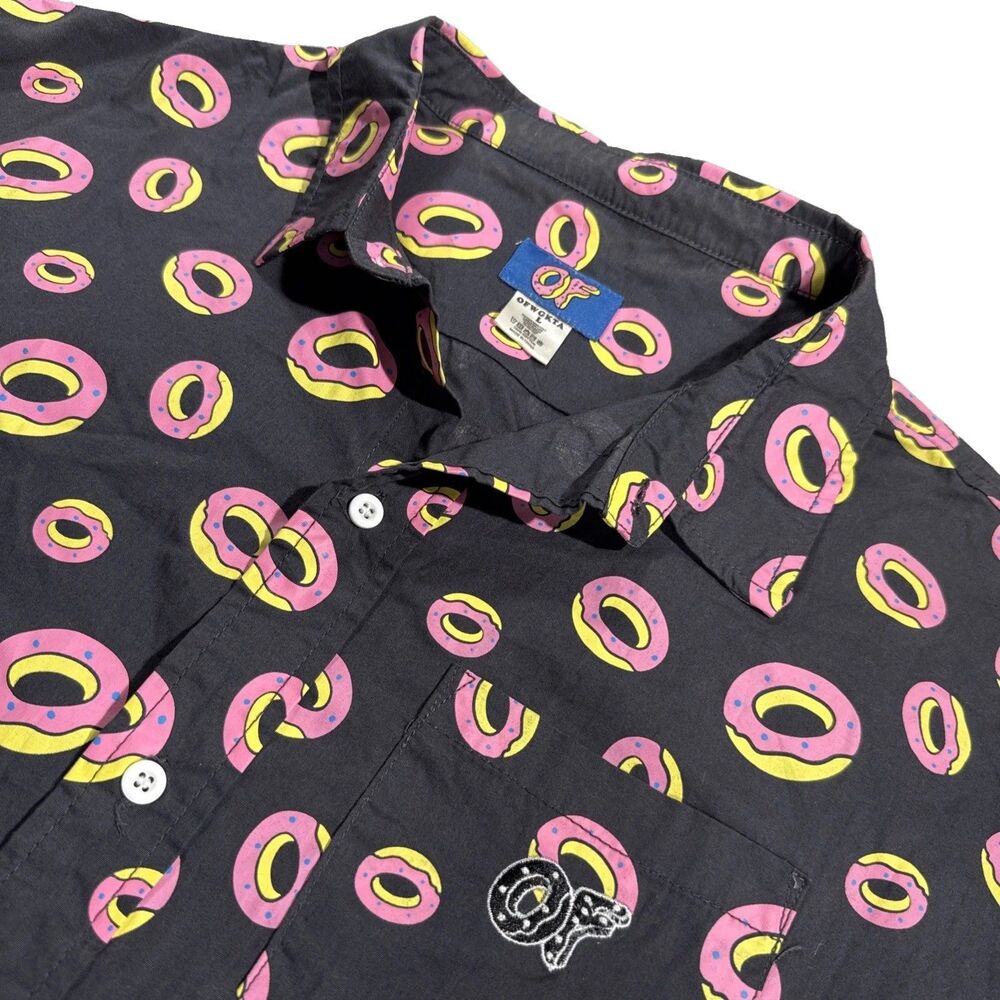 ODD FUTURE Donuts AOP All Over Print Mens SS Button Down Shirt Sz L Blk/Pink